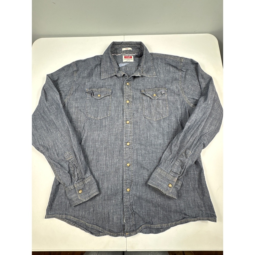 Wrangler Indigo Pearl Snap Denim‎ Shirt Men's XL Western Stretch